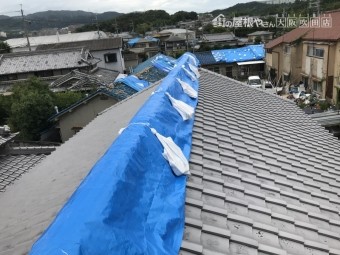 地震で歪んだ大棟をブルーシートでカバー