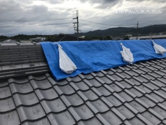地震で歪んだ大棟をブルーシートでカバー