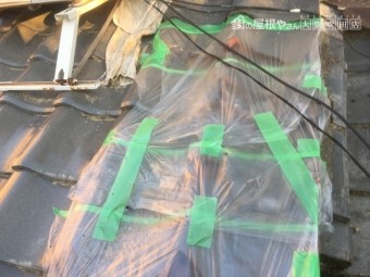 台風による軒先の瓦が飛散した箇所を養生