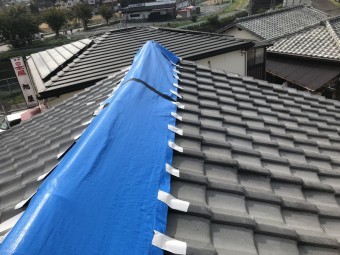大棟のゆがみをブルーシートでカバー