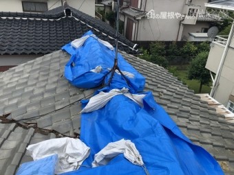 瓦の歪みをブルーシートで養生カバー
