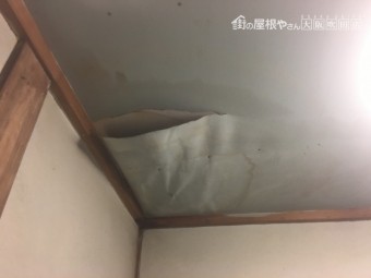 天井雨漏りによる壁紙の剥がれ