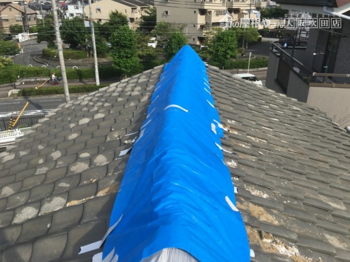 ブルーシート養生した瓦屋根の大棟