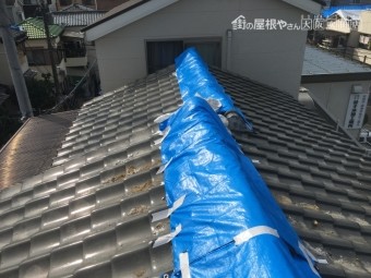ブルーシート養生した瓦屋根の大棟