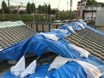 地震の揺れで崩れた瓦にブルーシートで養生