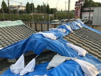 地震の揺れで崩れた瓦にブルーシートで養生