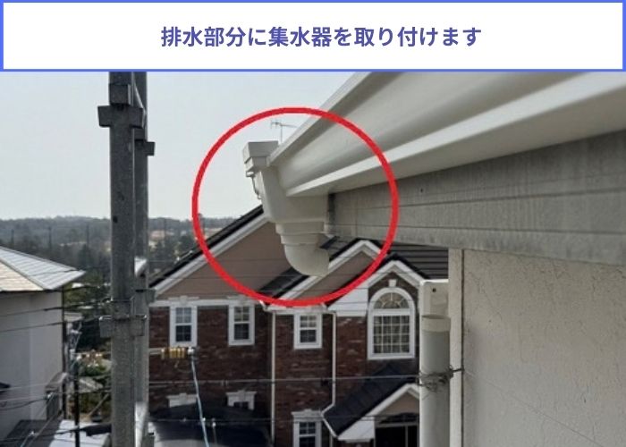 軒樋の折れた樹脂製の固定金具をステンレス製の固定金具へ交換で集水器取り付け
