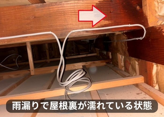 雨漏りの影響で屋根裏が濡れている様子