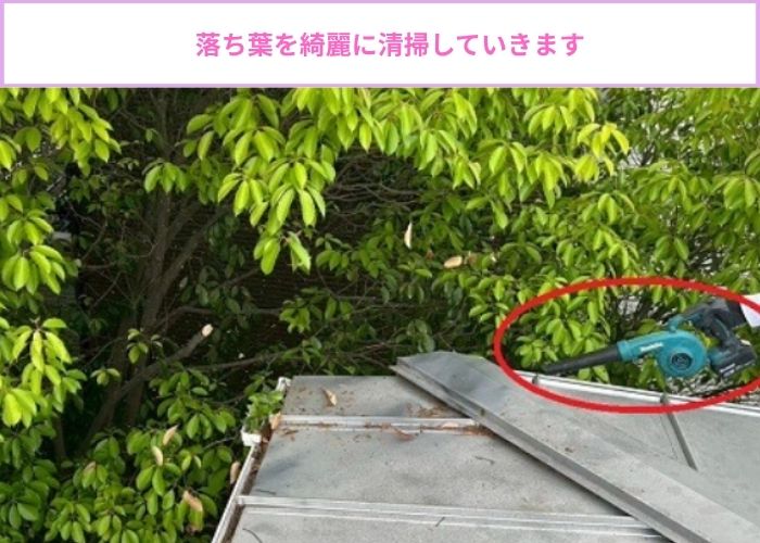 雨樋からの水漏れを解消するために落ち葉除けネットを取り付けで落ち葉清掃