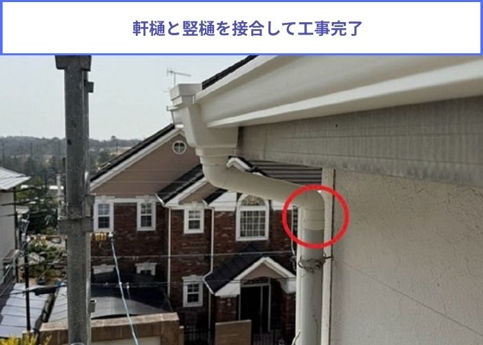 で軒樋の折れた樹脂製の固定金具をステンレス製の固定金具へ交換で軒樋と竪樋接合
