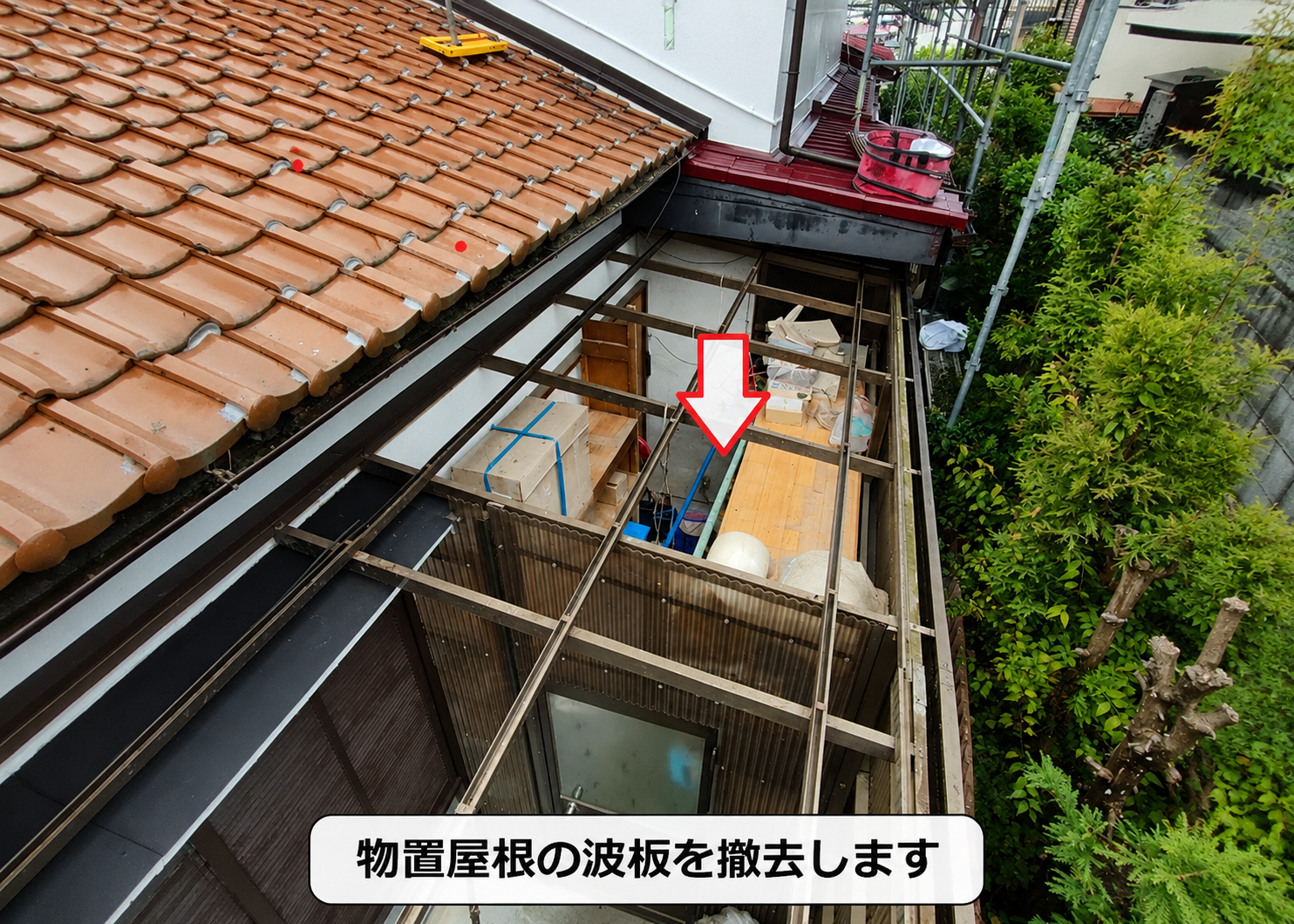 物置屋根の波板を撤去した様子