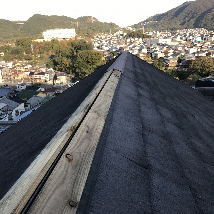 棟板金の下地の木が丸見え