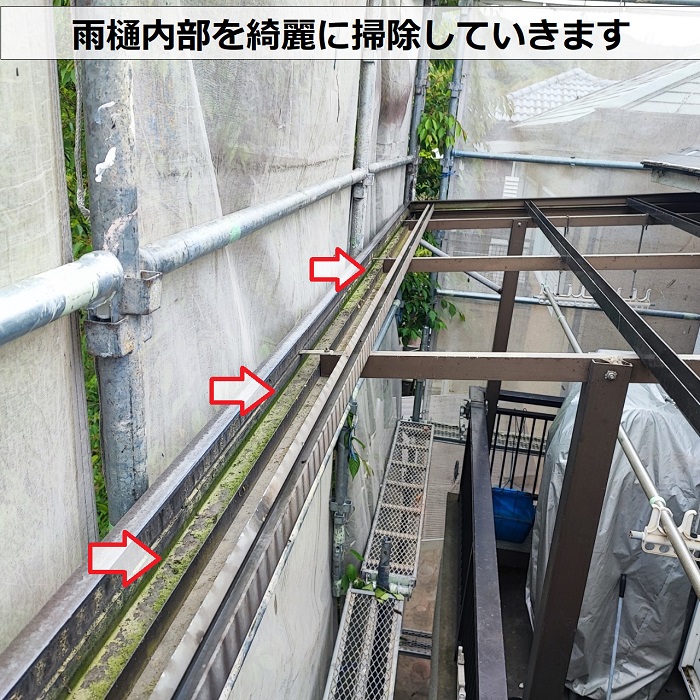 波板の雨樋内部を掃除している様子