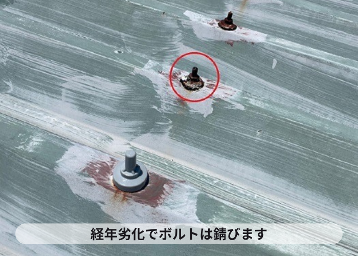 折半屋根のボルトが経年劣化で錆びている様子