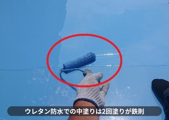 豊中市膨れに強いバルコニー防水工事でウレタン中塗りを行っている様子