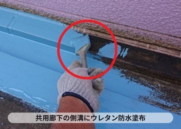共用廊下の側溝にウレタン防水塗布