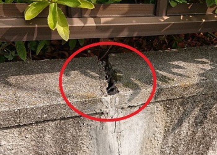 ひび割れたコンクリート笠木の様子