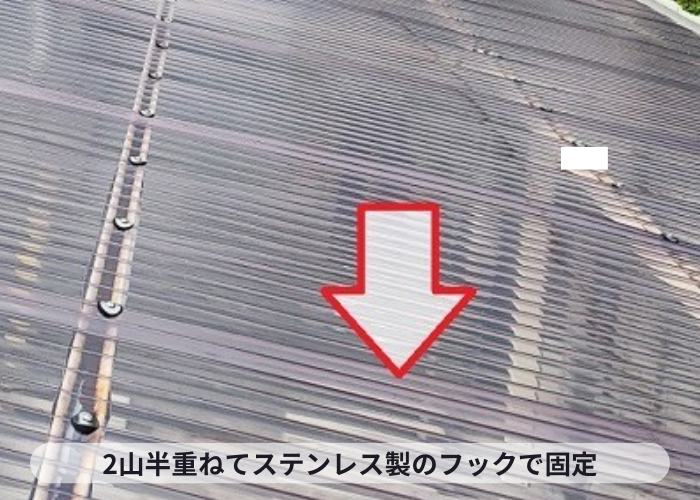 茨木市　カーポート屋根の交換でポリカ波板を2山半重ねている様子