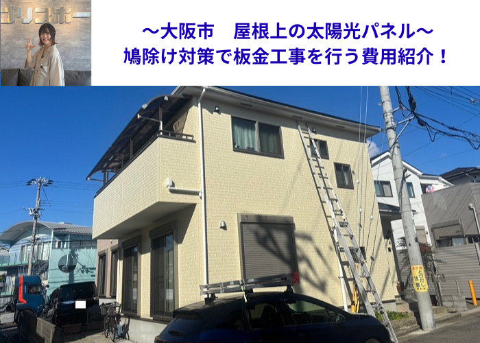 大阪市で屋根上の太陽光パネルに鳩除け対策として板金工事を行う現場紹介