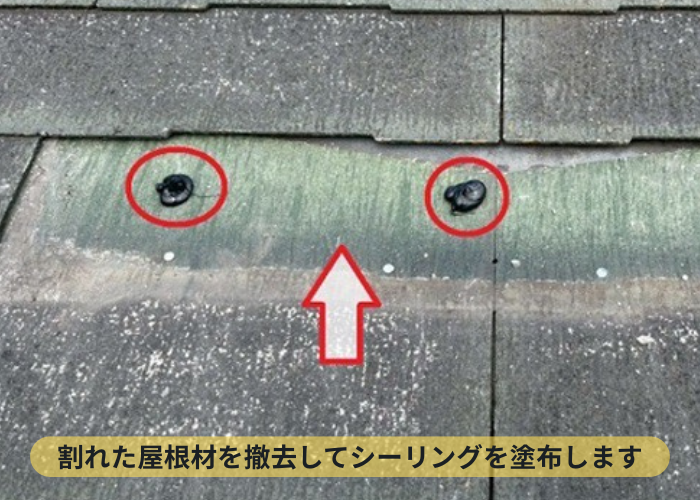 吹田市でコロニアル屋根補修工事として割れた屋根材を部分的に交換する現場で屋根材撤去
