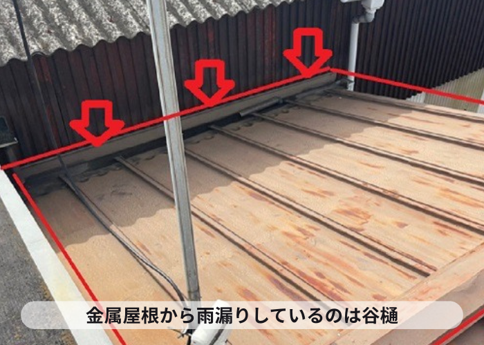 金属屋根から雨漏りしている原因となっていた谷樋