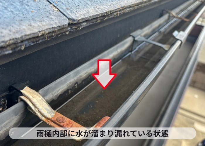 角型の雨樋（軒樋）に水が溜まっている様子