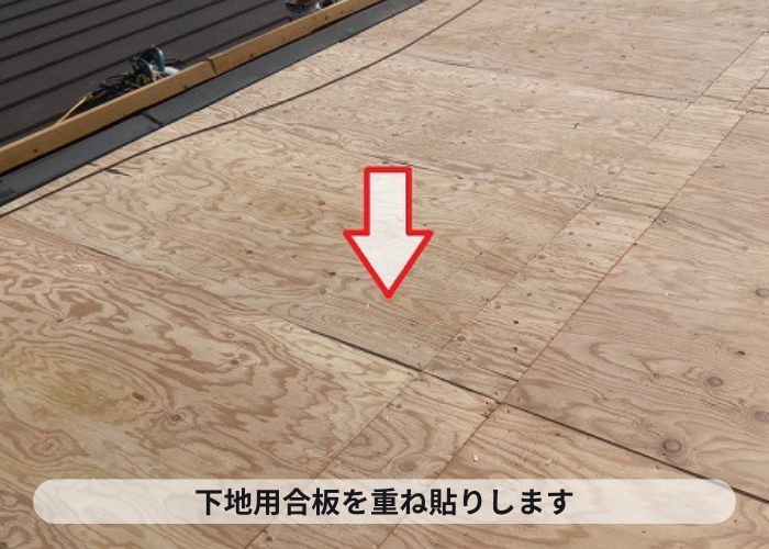 高槻市で雨漏りしている緩傾斜なスレート屋根へ縦葺き屋根材立平を用いてカバー工事した現場で下地用合板貼り