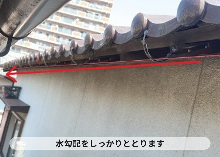 吹田市で水漏れしている半丸型の雨樋交換で水勾配を調整